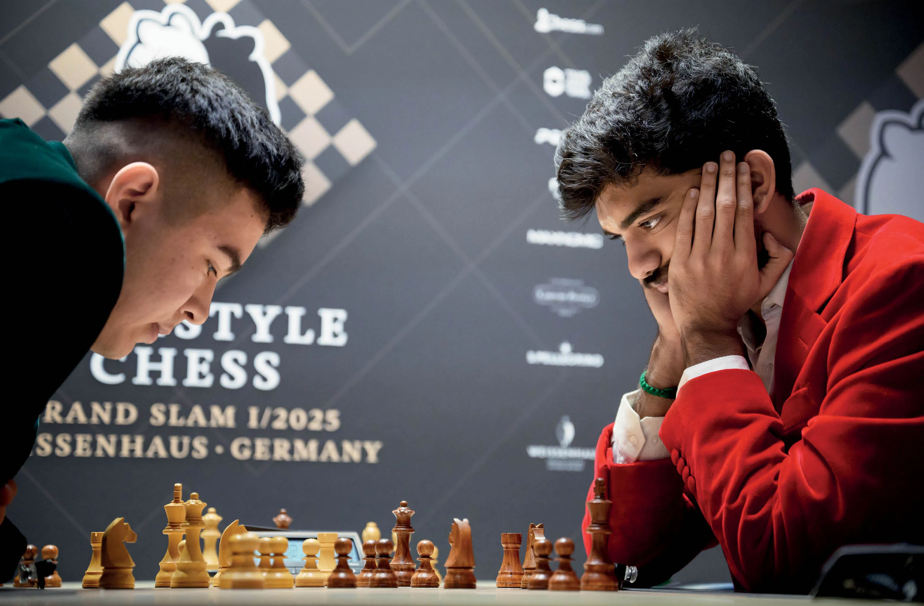 Nodirbek Abdusattorov (left), the 2021 World Rapid Chess Champion, and Dommaraju Gukesh, 2024 World Chess Champion, during the 2025 Freestyle Chess Grand Slam in Wangels, Germany