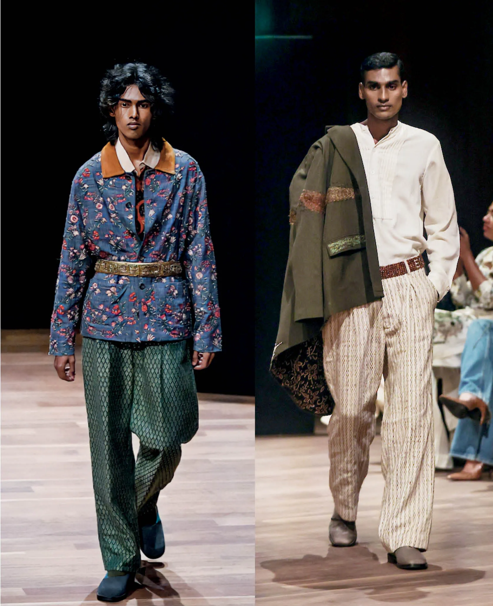Kartik Research makes its India runway debut with a focus on handmade processes, built through layered silhouettes, clashing textures and patchwork clothing. The brand’s signature aesthetic was elevated by beaded chains peeping out of pockets, doubling as neck chains and belts.