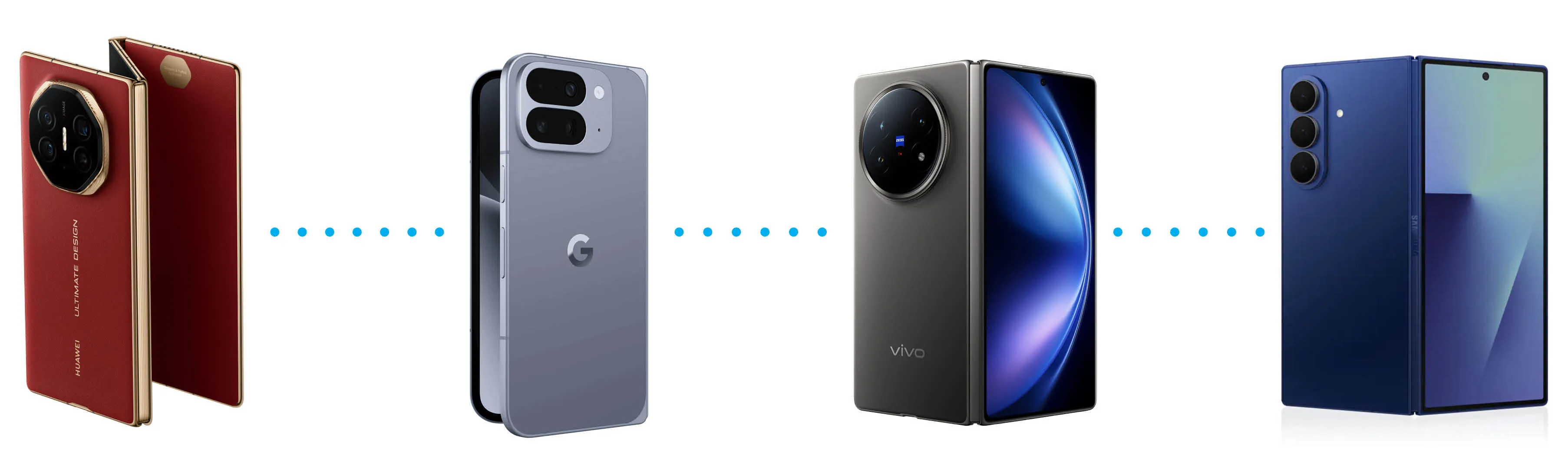 From left: HUAWEI Mate XT ULTIMATE DESIGN; Google Pixel 10 Pro Fold; Vivo X Fold 5; Samsung Galaxy Z Fold7